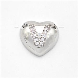 Copper Heart Pendant Pave Zirconia Letter-V Large Hole Platinum Plated, approx 16mm, 3mm hole
