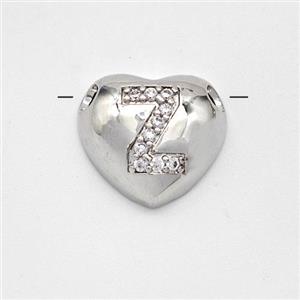 Copper Heart Pendant Pave Zirconia Letter-Z Large Hole Platinum Plated, approx 16mm, 3mm hole
