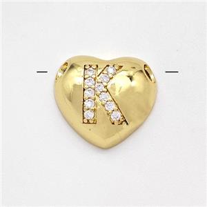 Copper Heart Pendant Pave Zirconia Letter-K Large Hole Gold Plated, approx 16mm, 3mm hole