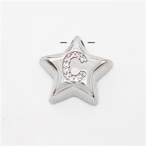Copper Star Pendant Pave Zirconia Letter-C Large Hole Platinum Plated, approx 16mm, 3mm hole