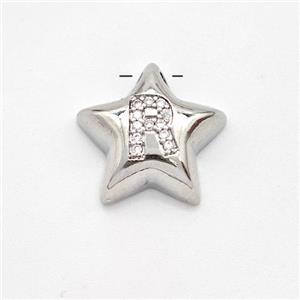 Copper Star Pendant Pave Zirconia Letter-R Large Hole Platinum Plated, approx 16mm, 3mm hole