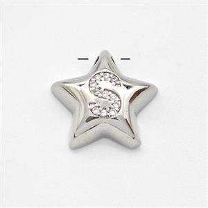 Copper Star Pendant Pave Zirconia Letter-S Large Hole Platinum Plated, approx 16mm, 3mm hole