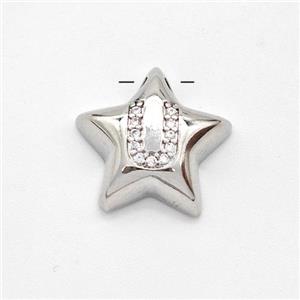 Copper Star Pendant Pave Zirconia Letter-U Large Hole Platinum Plated, approx 16mm, 3mm hole