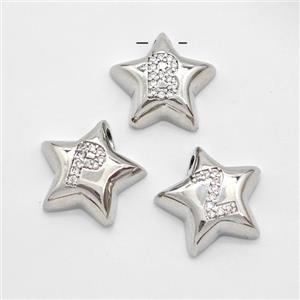 Copper Star Alphabet Pendant Pave Zirconia Mixed Letters Large Hole Platinum Plated, approx 16mm, 3mm hole