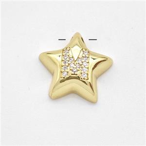 Copper Star Pendant Pave Zirconia Letter-M Large Hole Gold Plated, approx 16mm, 3mm hole