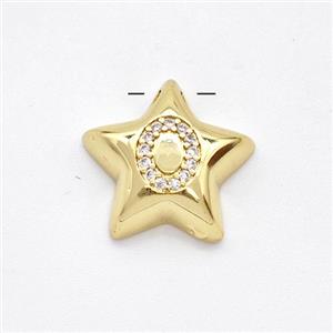 Copper Star Pendant Pave Zirconia Letter-O Large Hole Gold Plated, approx 16mm, 3mm hole