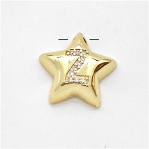 Copper Star Pendant Pave Zirconia Letter-Z Large Hole Gold Plated, approx 16mm, 3mm hole