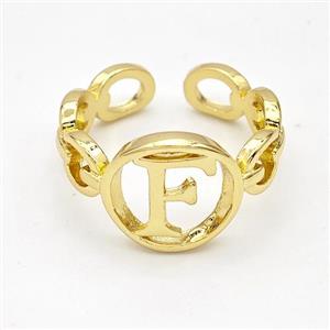 Copper Ring With Letter-F Gold Plated, approx 13mm, 18mm dia
