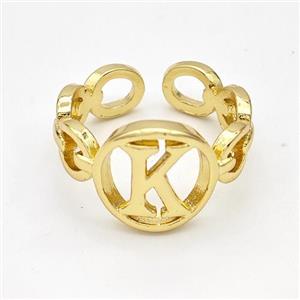 Copper Ring With Letter-K Gold Plated, approx 13mm, 18mm dia