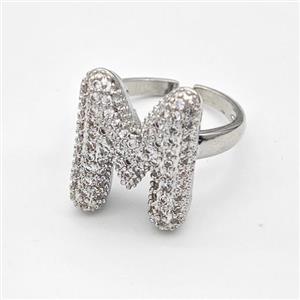 Copper Ring Pave Zirconia Letter-M Platinum Plated, approx 14-19mm, 18mm dia