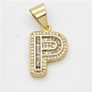 Copper Pendant Pave Zirconia Letter-P Gold Plated, approx 13-18mm