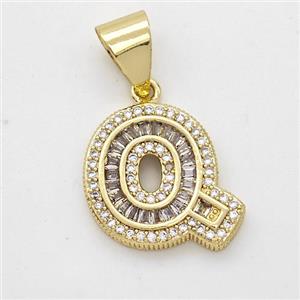 Copper Pendant Pave Zirconia Letter-Q Gold Plated, approx 13-18mm