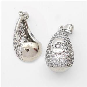 Copper Teardrop Pendant Pave Zirconia Letter-C Hollow Platinum Plated, approx 14-24mm