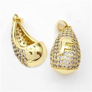 Copper Teardrop Pendant Pave Zirconia Letter-F Hollow Gold Plated, approx 14-24mm