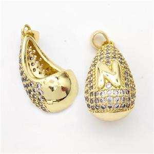 Copper Teardrop Pendant Pave Zirconia Letter-N Hollow Gold Plated, approx 14-24mm