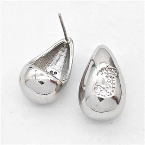 Copper Teardrop Stud Earring Pave Zirconia Letter-J Platinum Plated, approx 11-18mm