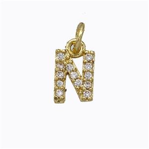 Copper Pendant Pave Zirconia Letter-N Gold Plated, approx 6-9mm