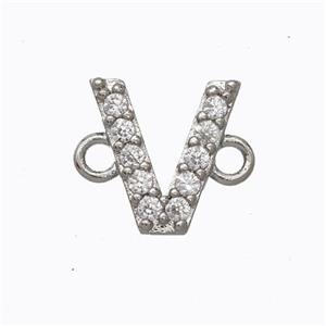 Copper Connector Pave Zirconia Letter-V Platinum Plated, approx 8-9mm