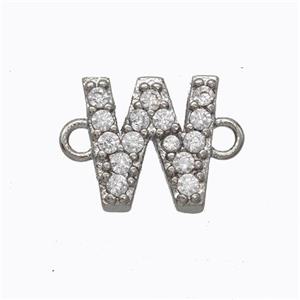 Copper Connector Pave Zirconia Letter-W Platinum Plated, approx 8-9mm