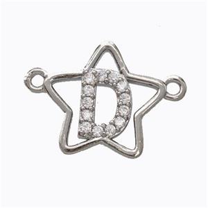 Copper Star Pendant Pave Zirconia Letter-D Platinum Plated, approx 16mm