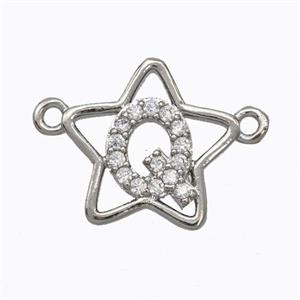 Copper Star Pendant Pave Zirconia Letter-Q Platinum Plated, approx 16mm