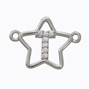 Copper Star Pendant Pave Zirconia Letter-T Platinum Plated, approx 16mm