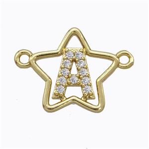 Copper Star Pendant Pave Zirconia Letter-A Gold Plated, approx 16mm