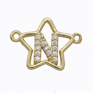 Copper Star Pendant Pave Zirconia Letter-N Gold Plated, approx 16mm