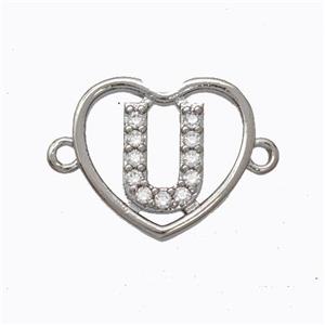 Copper Heart Connector Pave Zirconia Letter-U Platinum Plated, approx 15.5mm