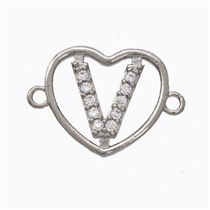 Copper Heart Connector Pave Zirconia Letter-V Platinum Plated, approx 15.5mm