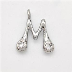 Copper Letter-M Pendant Pave Zirconia Platinum Plated, approx 15-18mm