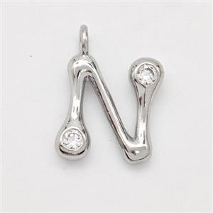 Copper Letter-N Pendant Pave Zirconia Platinum Plated, approx 15-18mm