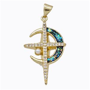 Copper Moon Pendant Pave Multicolor Fire Opal Cross 18K Gold Plated, approx 18-30mm