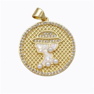 Beauty Charms Copper Circle Pendant Pave Zirconia Fire Opal 18K Gold Plated, approx 22mm