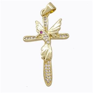 Copper Cross Pendant Pave Zirconia Birds Gold Plated, approx 19-30mm