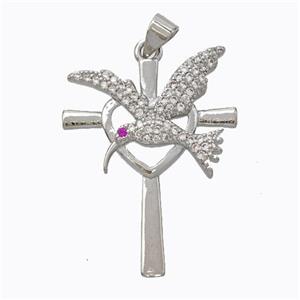 Copper Cross Pendant Pave Zirconia Birds Platinum Plated, approx 23-30mm