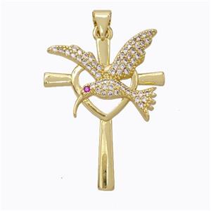 Copper Cross Pendant Pave Zirconia Birds Gold Plated, approx 23-30mm