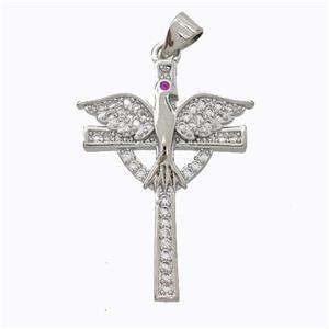 Copper Cross Pendant Pave Zirconia Birds Platinum Plated, approx 22-30mm