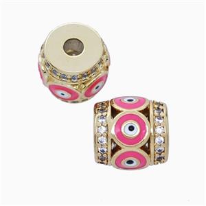 Copper Barrel Beads Pave Zirconia Pink Enamel Evil Eye Large Hole Gold Plated, approx 11mm, 3mm hole