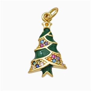 Christmas Tree Charms Copper Pendant Micropave Zirconia Green Enamel Gold Plated, approx 11-18mm