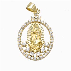 Virgin Mary Charms Copper Oval Pendant Micropave Zirconia Gold Plated, approx 18-24mm