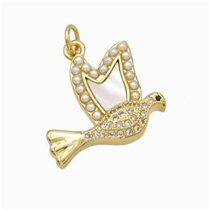 Copper Doves Pendant Micropave Zirconia Shell Resin Birds 18K Gold Plated, approx 17-20mm