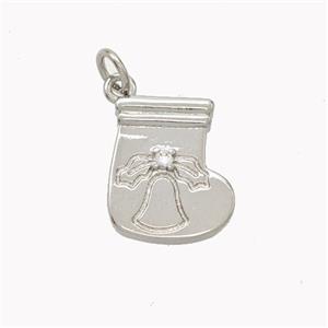 Christmas Stocking Charms Copper Pendant Pave Zirconia Platinum Plated, approx 12-14mm