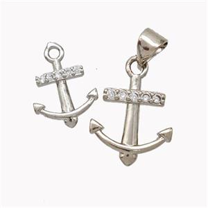 Copper Anchor Pendant Micropave Zirconia Platinum Plated, approx 12-14mm