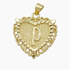 Copper Heart Pendant Letter-P Gold Plated, approx 22mm