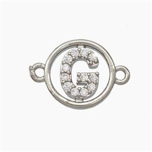 Copper Letter-G Connector Pave Zirconia Circle Platinum Plated, approx 13mm
