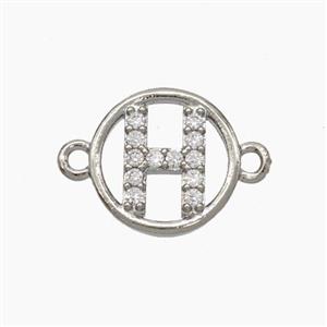 Copper Letter-H Connector Pave Zirconia Circle Platinum Plated, approx 13mm