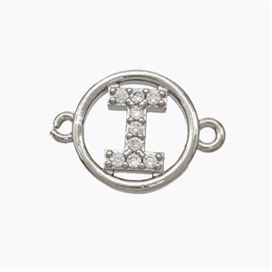 Copper Letter-I Connector Pave Zirconia Circle Platinum Plated, approx 13mm