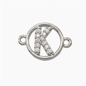 Copper Letter-K Connector Pave Zirconia Circle Platinum Plated, approx 13mm