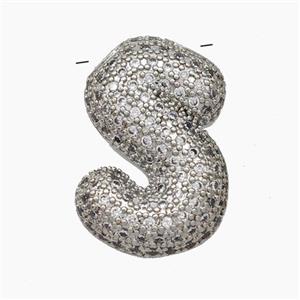 Copper Letter-S Pendant Pave Zirconia Platinum Plated, approx 15-25mm